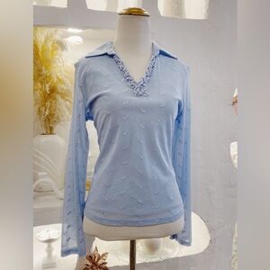 Vintage Y2K Sheer Mesh Long Sleeve Shirt with Ruffled Neck and Floral Embroidery